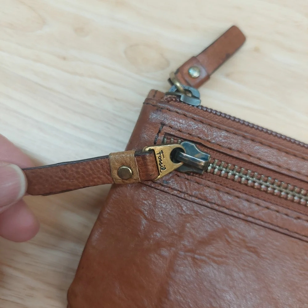 Fossil double zipper Pebbled Brown Leather wallet vintage - Picture 6 of 8